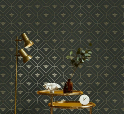 Holden Decor Honeycomb Bee Charcoal/Gold Geometric and Insects Smooth Wallpaper