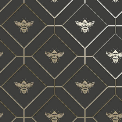 Holden Decor Honeycomb Bee Geo Charcoal/Gold Metallic Spongeable Wallpaper 13081