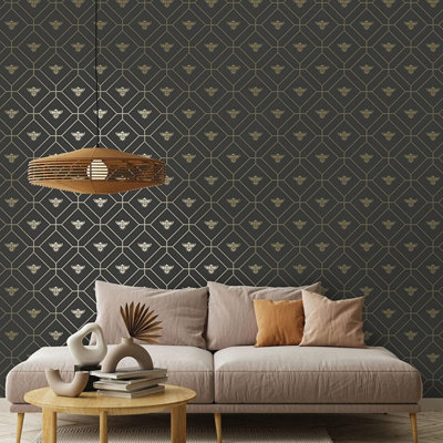 Holden Decor Honeycomb Bee Geo Charcoal/Gold Metallic Spongeable Wallpaper 13081