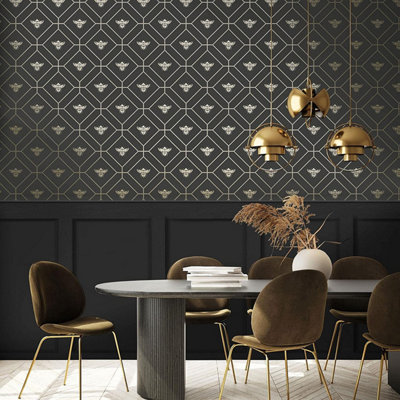 Holden Decor Honeycomb Bee Geo Charcoal/Gold Metallic Spongeable Wallpaper 13081