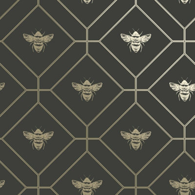 Holden Decor Honeycomb Bee Geo Charcoal/Gold Metallic Spongeable Wallpaper 13081