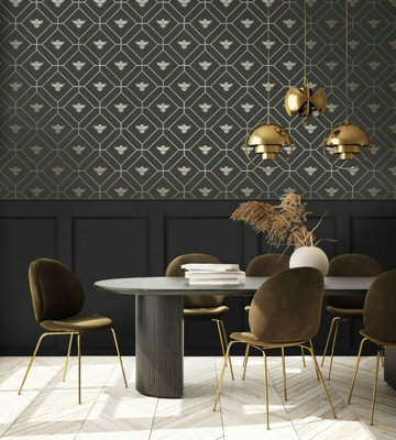 Holden Decor Honeycomb Bee Geo Charcoal/Gold Metallic Spongeable Wallpaper 13081