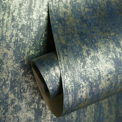 Holden Decor Industrial Texture Navy Blue Metallic Gold Wallpaper 12842