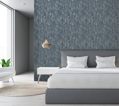 Holden Decor Industrial Texture Navy Blue Metallic Gold Wallpaper 12842