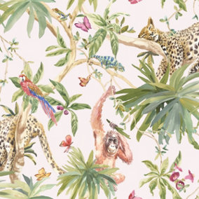 Holden Decor Jungle Animals Light Pink Tropical Smooth Wallpaper