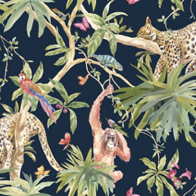 Holden Decor Jungle Animals Navy Tropical Smooth Wallpaper