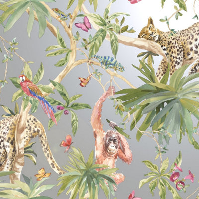 Holden Decor Jungle Animals Silver Tropical Smooth Wallpaper