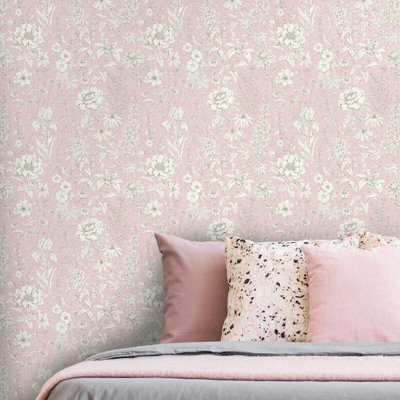 Holden Decor Lavana Floral Blush Pink Metallic Textured Vinyl Wallpaper 35820