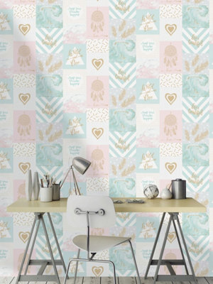 Holden Decor Life Is Beautiful Pink / Gold Contemporary Montage Smooth Wallpaper