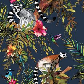 Holden Decor Midnight Blue Tropical Jungle Lemur Lizard Birds Floral Wallpaper