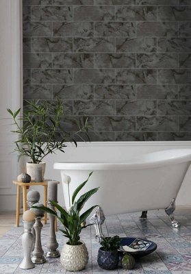 Holden Decor Odeon Marble Tile Charcoal Wallpaper