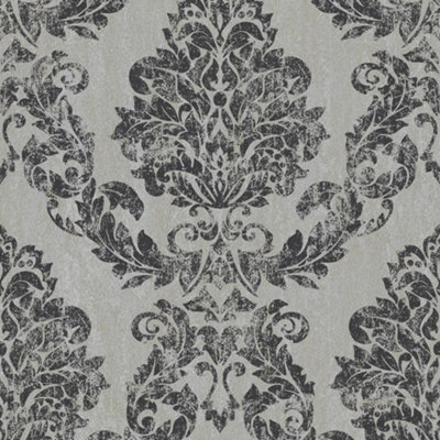 Holden Decor Opus Giorgio Gilver & Charcoal Damask Heavyweight Wallpaper 35690