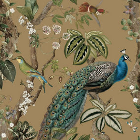 Holden Decor Peacock Woods Gold Wallpaper Floral Naturistic Feature Wall