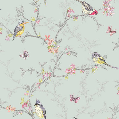 Holden Decor Phoebe Soft Teal Bird trail Smooth Wallpaper