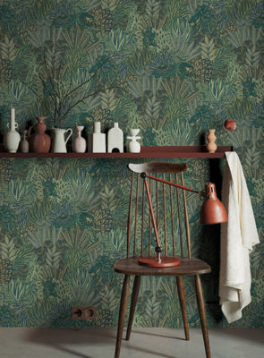 Holden Decor Rainforest Green Leaves and Animals Embossed Wallpaper