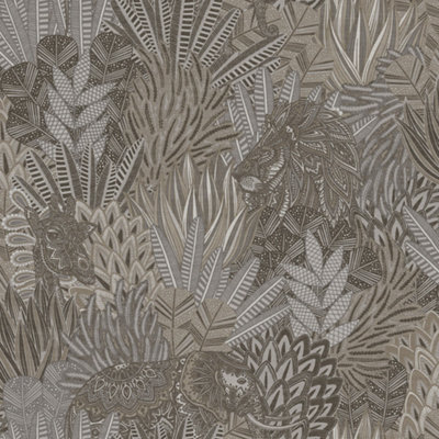 Holden Decor Rainforest Grey Leaves and Animals Embossed Wallpaper