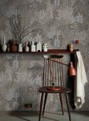 Holden Decor Rainforest Grey Leaves and Animals Embossed Wallpaper