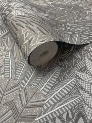 Holden Decor Rainforest Grey Leaves and Animals Embossed Wallpaper
