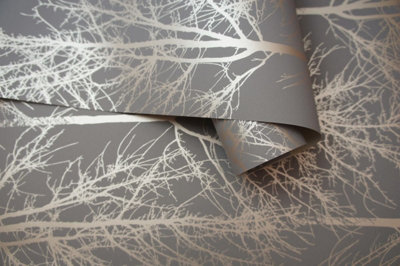 Holden Decor Rhea Zandra Trees Dark Grey / Rose Gold Smooth Wallpaper