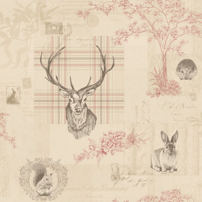 Holden Decor Richmond WP Cranberry/Linen Woodland Stag Smooth Wallpaper