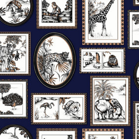 Holden Decor Safari Frames Navy Quirky Animal Frames Design Smooth Wallpaper
