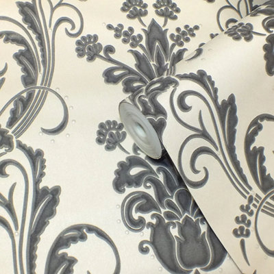 Holden Decor Santino Black Ivory Damask Heavyweight Vinyl Opus Wallpaper 33873