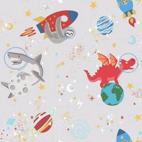 Holden Decor Space Animals Grey Children's Smooth Wallpaper