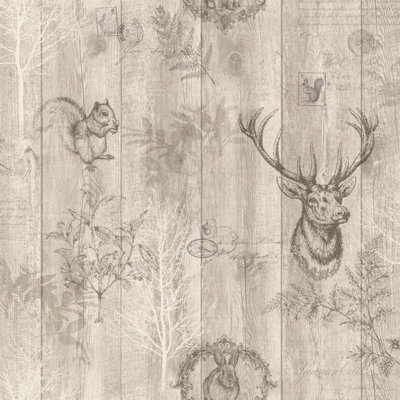 Holden Decor Stag Wood Panel Beige Wallpaper 90091