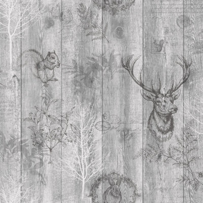 Holden Decor Stag Wood Panel Grey Woodland Smooth Wallpaper