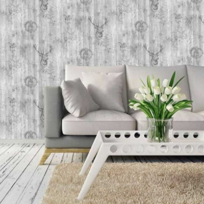 Holden Decor Stag Wood Panel Grey Woodland Smooth Wallpaper