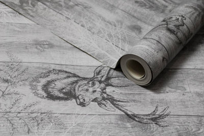 Holden Decor Stag Wood Panel Grey Woodland Smooth Wallpaper