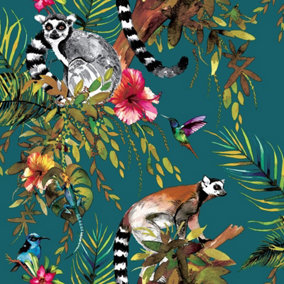 Holden Decor Teal Blue Green Tropical Jungle Lemur Lizard Birds Floral Wallpaper