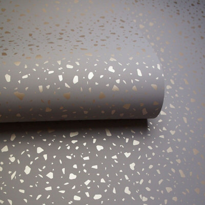 Holden Decor Terrazo Grey / Rose Gold Terrazzo Print Smooth Wallpaper