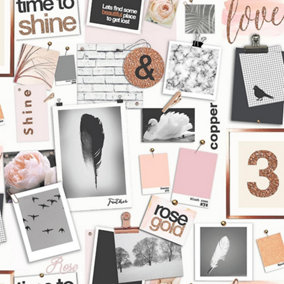 Holden Decor Time To Sparkle Pinboard Collage Dusky Pink & Copper Wallpaper 12140