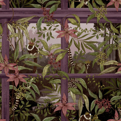 Holden Decor Tropical Window Plum Quirky Animals Smooth Wallpaper