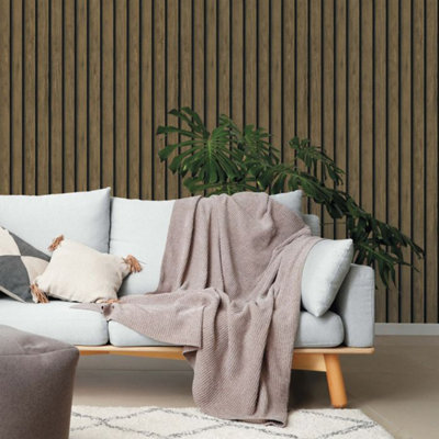 Holden Decor Wood Effect Slats Dark Oak Spongeable Flat Surface Wallpaper 13130