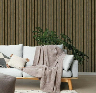 Holden Decor Wood Effect Slats Dark Oak Spongeable Flat Surface Wallpaper 13130