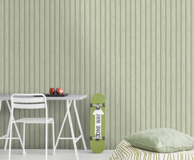 Holden Decor Wood Slat Green Wallpaper New Feature Bedroom