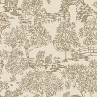 Holden Decor Zoo Lake Neutral Wallpaper Animal Print Trees Stylish Feature Wall