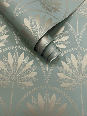 Holden Dusky Blue Metallic Gold Teal Tropical Palm Tree Leaves Feature Wallpaper