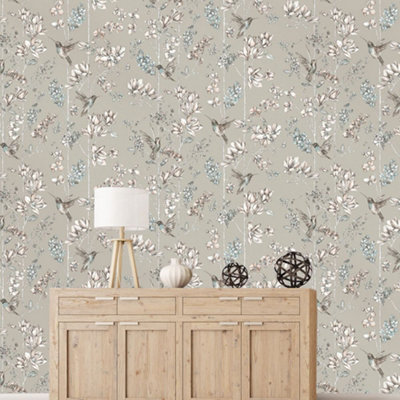 Holden Floral Charm Hummingbird Wallpaper - Soft Gold 12394