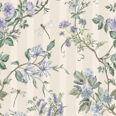 Holden Hampton Gardens Stripe Floral Leaves Damselfly Ladybird Insects Neutral Blue Wallpaper