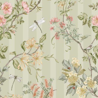 Holden Hampton Gardens Stripe Floral Leaves Damselfly Ladybird Insects Sage Green Wallpaper