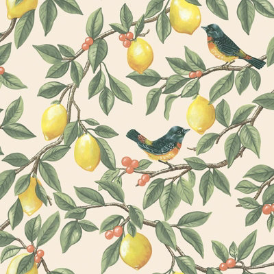 Holden Lemon Leaf Trail Berries Fruit Berry Branch Leaves Birds Animal Wallpaper Cream Orange 13870