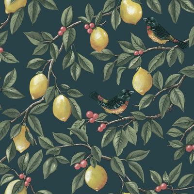Holden Lemon Leaf Trail Berries Fruit Berry Branch Leaves Birds Animal Wallpaper Teal 13871