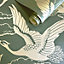 Holden Lucent Glistening Metallic Cranes Wallpaper Green (13431-BUR)