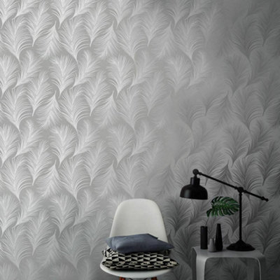 Holden Metallic Feather Pattern Wallpaper Leaf Motif Modern Textured 50081 Silver
