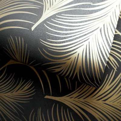 Holden Metallic Feather Pattern Wallpaper Leaf Motif Modern Textured 50082 Black Gold