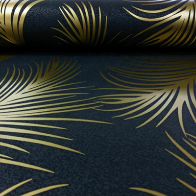 Holden Metallic Feather Pattern Wallpaper Leaf Motif Modern Textured 50082 Black Gold