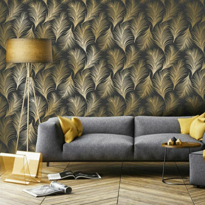 Holden Metallic Feather Pattern Wallpaper Leaf Motif Modern Textured 50082 Black Gold